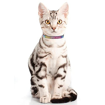 THAIN Bling cat Kitten Collar Rainbow Rhinestone Breakaway Diamond with Bell Soft Velvet Quick Release (Black) - color: Black