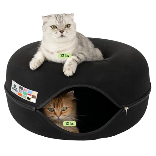 Cattasaurus Peekaboo Cat Cave Donut for Multiple & Large Cats up to 30-45 lbs, 3-in-1 Self Warming Cat Bed, Tunnel & Scratcher for Indoor Cats, Washable & Detachable Small Dog Bed (Black, Large) - color: Black, size: Large