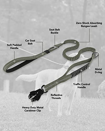 Joytale Tactical Dog Leash Heavy Duty, 4-6FT Shock Absorbing Bungee Lead with 2 Padded Handle, Metal Carabiner Clip, Car Seatbelt, Strong No Pull Leash for Medium Large X-Large Dogs, Army Green - color: Army Green
