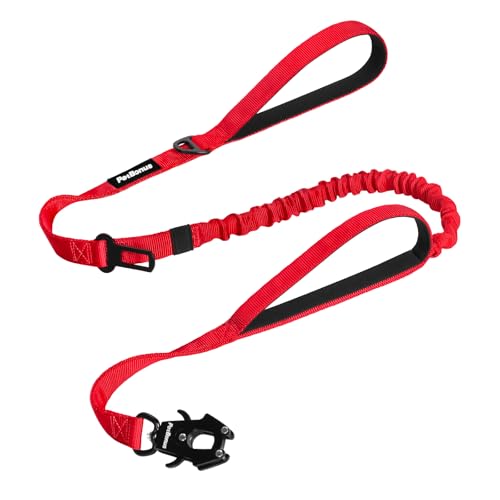 Heavy Duty Tactical Dog Leash, 5 FT Bungee Shock Absorption Leash with 2 Padded Handles, Quick Release Metal Clip, Car Seatbelt, No Pull Training Lead for Large Medium Dogs（Red） - color: Red