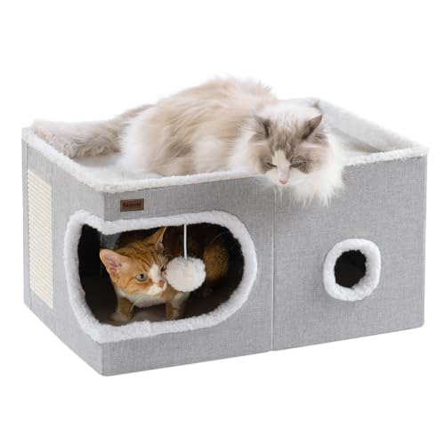 Garnpet Cat Bed for Indoor Cats Cube House, Covered Cat Cave Beds & Furniture with Scratch Pad and Hideaway Tent, Cute Modern Cat Condo for Multi Small Pet Large Kitten Kitty, Large, Grey - color: Grey, size: 23.6"D x 16.5"W x 13"H