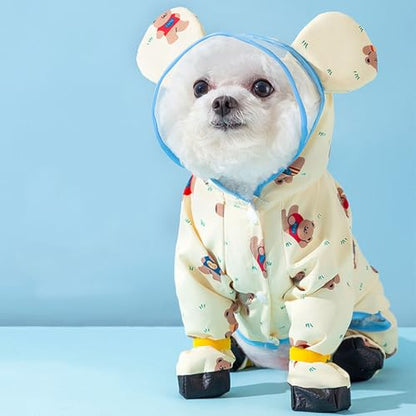 Junchl Small Dog Raincoat Rainboots with D-Ring, Full Coverage Dog Rain Jacket Slicker Poncho, Waterproof Dog Rain Jacket with Reflective Strip, Rainboot, Tail Cover Yellow Bear XS - color: Yellow Bear, size: XS:Back 8"(1-2lb)