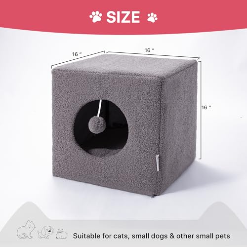 Cat Cubby for Indoor Cats, Fluffy Large Cube Cat Cave Bed, Cat House Hideaway for Multiple Cats & Small Pets, Detachable Sherpa Cover 16 Inches