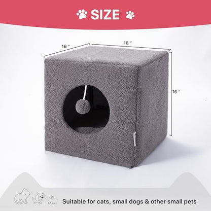 Cat Cubby for Indoor Cats, Fluffy Large Cube Cat Cave Bed, Cat House Hideaway for Multiple Cats & Small Pets, Detachable Sherpa Cover 16 Inches