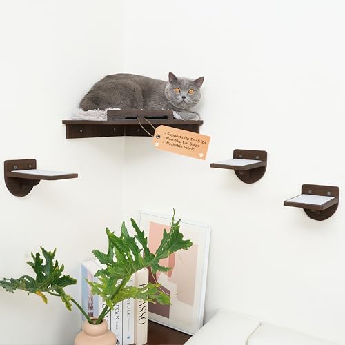 45LBS Cat Wall Shelves with 3 Non-Slips Steps, Space-Saving Mounted Cats Walls Furniture & Shelf with Washable Cushion for Climbing, Indoor Shelf for Large Cats (Walnut, Cat Corner Shelves) - color: Walnut, size: Cat Corner Shelves