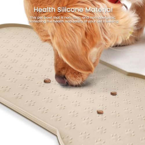PWTAA Dog Food Mat Anti-Slip Silicone Dog Bowl Mat Thicker Pet Placemat Waterproof Cat Feeder Pad with Raised Edge Puppy Kitten Feeding Mats Suitable Small Medium-Sized Dogs Cats Eating Tray - color: Beige, size: 25.6" x 13"