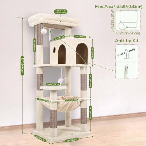 Globlazer Cat Tree Tower with Scratching Post for Indoor Cats, 53inch Tall Plush Multi-Level Cat Climbing Tower Condo House with Large Hammock, Spacious Cat Cave, Big Padded Top Perch Bed, F53, Beige - color: Beige