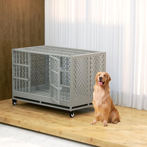 Snuowu 48 Inch Heavy Duty Dog Crate with Wheels, Folding Metal Big Dog Cage for Large and Medium Dogs, Extra Large XL XXL Indestructible Dog Crate with Removable Tray. - size: 48-Inch Silver （Fold）