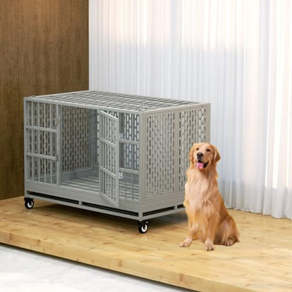 Snuowu 48 Inch Heavy Duty Dog Crate with Wheels, Folding Metal Big Dog Cage for Large and Medium Dogs, Extra Large XL XXL Indestructible Dog Crate with Removable Tray. - size: 48-Inch Silver （Fold）