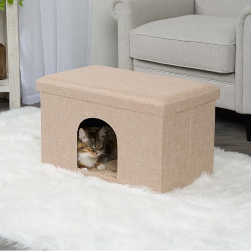 Furhaven Pet House for Indoor Cats & Medium/Small Dogs, Collapsible & Foldable w/Plush Ball Toy - Living Room Ottoman Cat Condo - Sand, Large