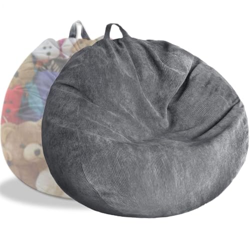 Kisoy Bean Bag Chair Cover (No Filler) Stuffed Animal Storage Bean Bag Cover Pets Dogs/Cats Lazy Beds. Washable Ultra Soft Corduroy Stuffed for Organizing Plush Toys or Textile, Sack Bean Bag - color: Gray, size: L for Adults
