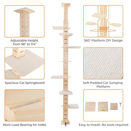COZIWOW Floor to Ceiling Cat Tree for Large Cats, Cat Tower with Non-Slip Platforms 7 Tier Tall Climbing Pole with Adjustable Height (98-114 Inches) Modern Climbing Tower, Wood, Indoor