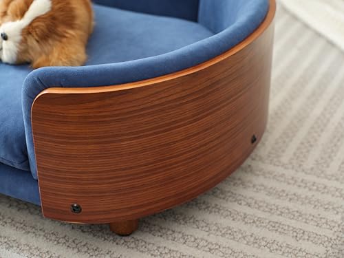 HomSof 26.38" Scandinavian Style Elevated Dog Cat Bed Pet Sofa with Solid Wood Legs and Bent Wood Back with Velvet Cushion,Small Size，Navy+Brown - color: Navy+Brown, size: 26.4"L x 16.1"W x 9.8"Th