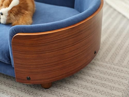 HomSof 26.38" Scandinavian Style Elevated Dog Cat Bed Pet Sofa with Solid Wood Legs and Bent Wood Back with Velvet Cushion,Small Size，Navy+Brown - color: Navy+Brown, size: 26.4"L x 16.1"W x 9.8"Th