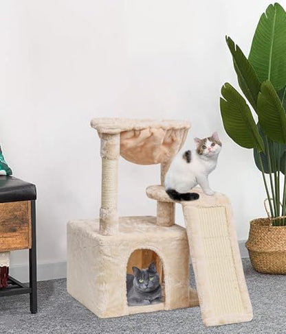 SYANDLVY Cat Tree for Indoor Cats Large Adults, Modern Activity Tower with Scratching Posts & Board, Condo with Plush Perch, Climbing Stand with Cradle & Hanging Ball for Play, Beige - color: Beige