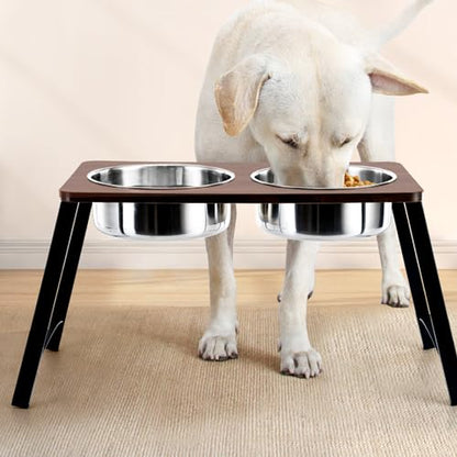 Elevated Dog Bowls for Medium and Large Dogs Wood Raised Bowl Stand with Two 1700ML (58oz) Stainless Steel Dog Food and Water Bowls,Non-Slip - color: Black&brown-Medium&Large