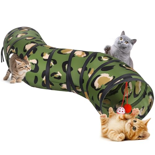 Pawaboo Cat Tunnel, S-Shaped Cat Tube Tunnel 25 * 97cm(9.8''*38.2'') with Balls and Bells, Collapsible Portable Kitten Play Tent Toy Interactive Cats House with Peep Holes for Kitty, Leopard Print - color: Leopard Print, size: S Way