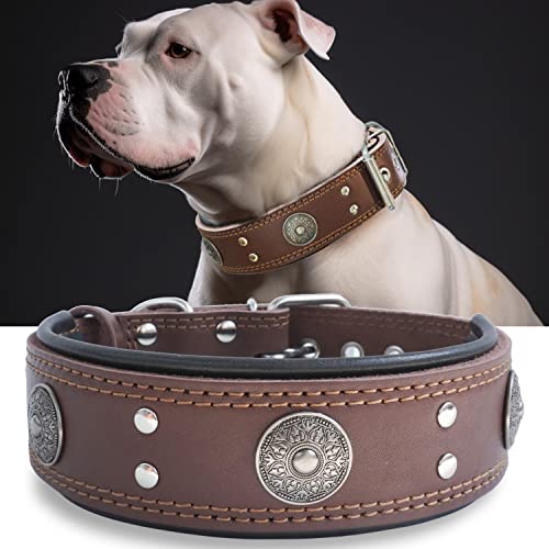 Leather Dog Collar, 2 inches Wide Heavy Duty Genuine Leather Collars, Handmade, Soft, and Luxury, Eye-catching Best Choice for Large and Medium Breed Dogs, Brown 18.5-22.5 in - color: Brown, size: 18.5-22.5 in
