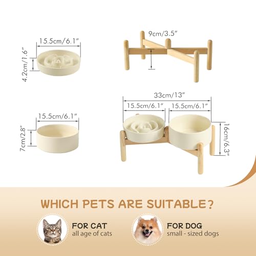 Havniva 6.1” Raised Slow Feeder Dog Bowls Set, 0.9 Cups Ceramic Slow Feeder Dog Bowl and 6.1” Dog Water Bowl with Elevated Wooden Stand Puzzle Dog Food Bowl for Small Dogs Anti-Gulping & Anti-Choking - color: 2 x Light Yellow+Stand-A, size: 6.1inch-New