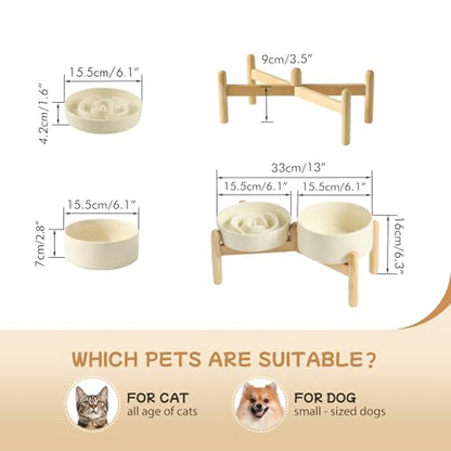 Havniva 6.1” Raised Slow Feeder Dog Bowls Set, 0.9 Cups Ceramic Slow Feeder Dog Bowl and 6.1” Dog Water Bowl with Elevated Wooden Stand Puzzle Dog Food Bowl for Small Dogs Anti-Gulping & Anti-Choking - color: 2 x Light Yellow+Stand-A, size: 6.1inch-New