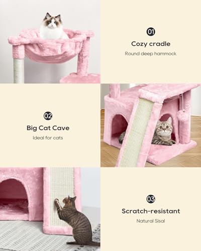 SYANDLVY Cat Tree for Indoor Cats Large Adults, Modern Activity Tower with Scratching Posts & Board, Condo with Plush Perch, Climbing Stand with Cradle & Hanging Ball for Play, Pink - color: Pink