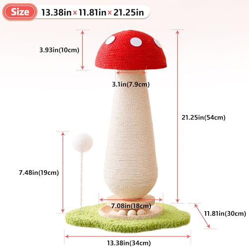 Mushroom Cat Scratching Post Cat Tree, 21.5‘’ H Cute Cat Scratcher Tower with Durable Solid Wood Turntable Toy, Mushroom Scratch Post Cat Sisal Scratcher with Catnip for Indoor Adult Cats - color: Mushroom