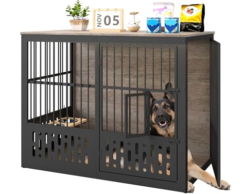 Yafylly 48 Inch XXL Dog Crate Furniture, Wooden Chewproof Dog Kennel with Interactive Window, 360° Adjustable Bowls (5 Heights), Storage Table Top, Heavy Duty XL Dog Crate for Medium Large Dogs, Gray - color: Grey with Window & Bowls, size: 48in