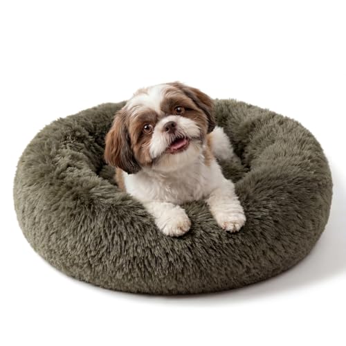 Calming Donut Dogs Beds for Small Dogs Washable,23inch Plush Round Pet Bed for Cozy Sleep,Fluffy Faux Fur Large Cat Bed,Fits up to 25 lbs Pets,Army Green - color: Army Green, size: 23 inches