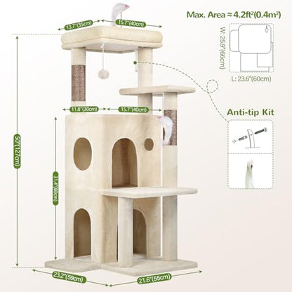 Globlazer Cat Tree Tower for Indoor Cats, 50-inch Adult Cat Tree House for Large Adult Cats with Steps, Scratching Post, 2 Cat Caves, Dangling Toys, FC50, Beige - color: Beige