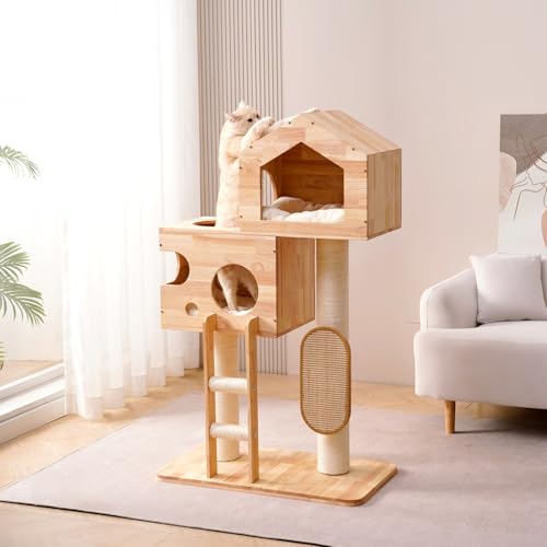 SHENGOCASE Modern Real Solid Rubber Wood Large Cat Tree Tower Castle with Big Enclosed Bed, House Condo, Scratching Post and Sisal Scratcher with Ladder for Multiple Cats