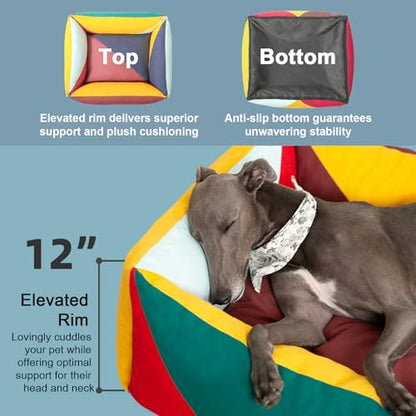 Cotton Canvas Dog Bed, Dog Beds Large Sized Dog, Orthopedic Bed with Washable Removable Cover, Durable 290 GSM Cotton Anti-chewing Pet Bed with Anti-Slip Bottom (38"x30"x12", Red&Yellow&Green) - color: Red+Green+Yellow, size: Large