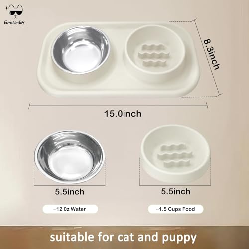 Waterproof Silicone Cat Food Bowls, Stainless Steel & Silicone Slow Feeder Double Bowls, Non-Skid & Non-Spill Raised Edge, Food and Water Feeder for Cat and Puppy - color: Silicone material-Beige
