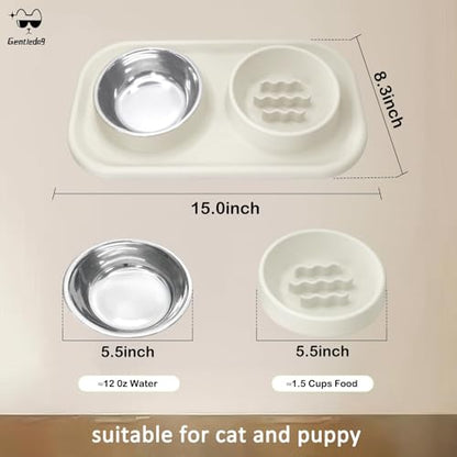 Waterproof Silicone Cat Food Bowls, Stainless Steel & Silicone Slow Feeder Double Bowls, Non-Skid & Non-Spill Raised Edge, Food and Water Feeder for Cat and Puppy - color: Silicone material-Beige