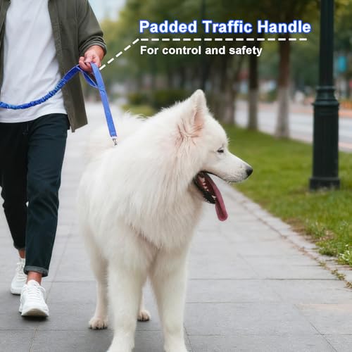 5 FT Bungee Dog Leash with 2 Handles, Reflective Strong Nylon Traffic Leash, Shock Absorbing Lead for Large Medium Dogs Walking Training Controlling, Dark Blue - color: Dark blue
