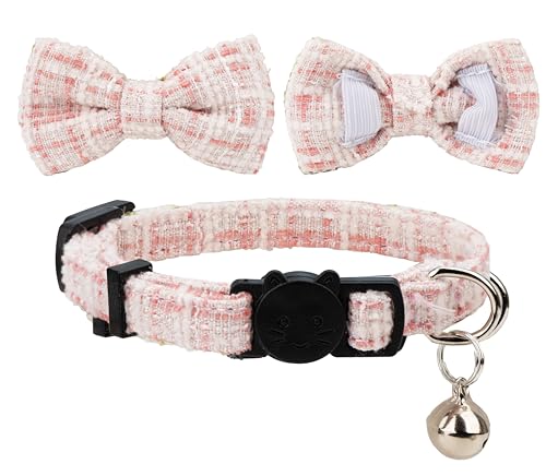 Cat Collar with Bow Tie 2pcs Set Bell Boy Girl Kitten Safety Plaid Grid Checkered Solid Color Suede Velvet Cute Soft Fluffy Gift B-[2pcs] Pink - color: Style B-[2pcs] Pink
