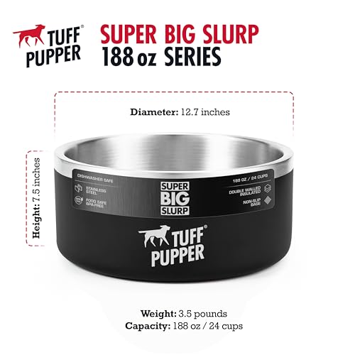 Tuff Pupper Heavy Duty Insulated Dog Bowl | Double Wall Stainless Steel Dog Food Dish | Non-Slip Spill Proof Dishwasher Safe Cat Bowl | Water Dish for Feeding Large Medium Small Pets (188oz, Black) - color: Epic Black, size: 188oz