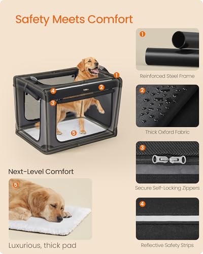 Feandrea Collapsible Dog Crate, 36-Inch Portable Dog Travel Crate for Large Dogs, Oxford Fabric Pet Carrier with 4 Mesh Doors, Handles, Storage Pocket, Water Bottle Holder, Ink Black UPDC019B01 - size: XL（36"L x 25"W x 25"H）