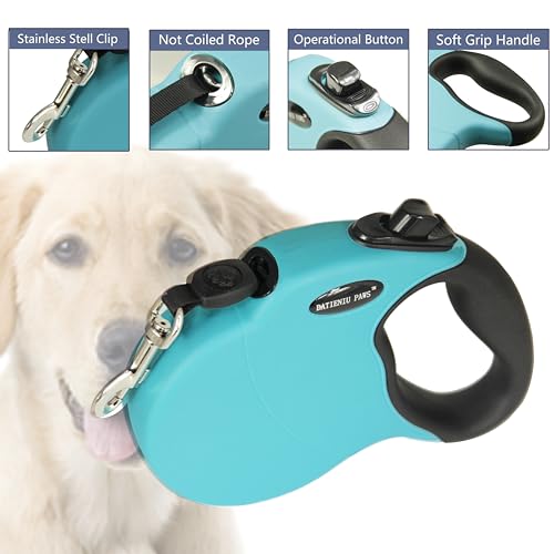 16Ft Chew Proof Retractable Dog Leash Anti-Chewing Wire Ropes Hands-Free Adjustable Safety Lock Durable Nylon Belt for Medium Dogs Blue M - color: Blue, size: Medium