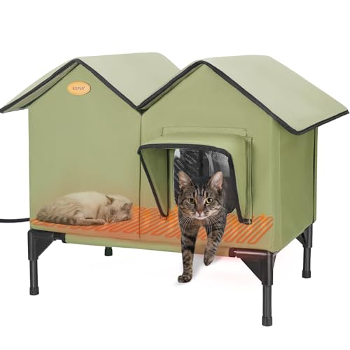 Heated Cat House for Outside Cats in Winter, Large Insulated Heated Outdoor Cat House Weatherproof with Elevated Base & Escape Door, Waterproof Cat Shelter for Multiple Cats Feral Stray Barn Kitty - color: Green