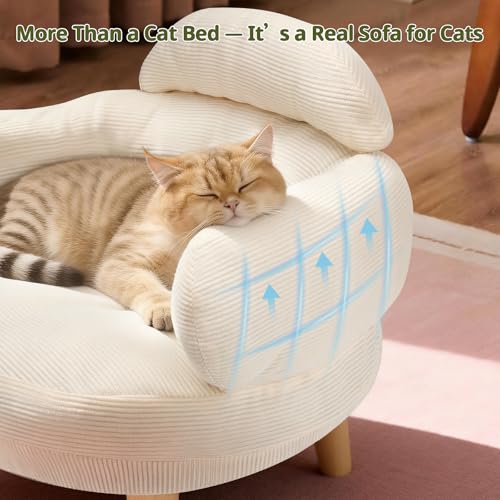 Cat Sofa Furniture-Style Pet Bed with Removable Cotton Velvet Cover, Solid Pine Wood Legs, for Cats and Small Dogs, White - color: White