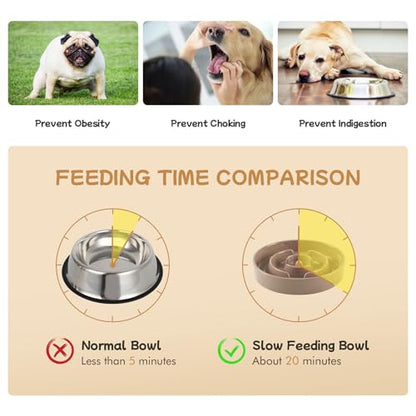 Havniva 6.1” Raised Slow Feeder Dog Bowls Set, 0.9 Cups Ceramic Slow Feeder Dog Bowl and 6.1” Dog Water Bowl with Elevated Wooden Stand Puzzle Dog Food Bowl for Small Dogs Anti-Gulping & Anti-Choking - color: 2 x Brown Coffee+Stand-A, size: 6.1inch-New