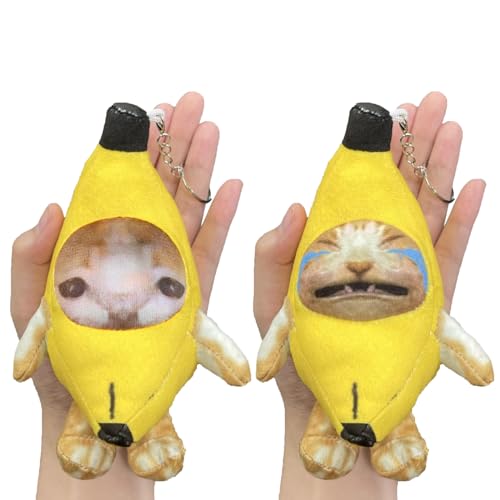 Upgraded Banana Cat Plush, 2 Pack, 7 Inch, Crying, Funny Keychain with 4 Sound for Kids Adult