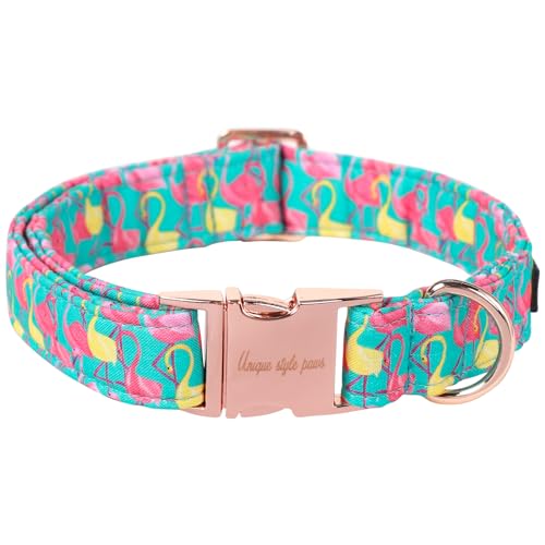 Cute Flamingo Summer Dog Collar, Unique Style Paws Green Pet Collar Adjustable Girl Dog Collar with Metal Buckle for Small Medium Large Dogs - color: Flamingo CC, size: S