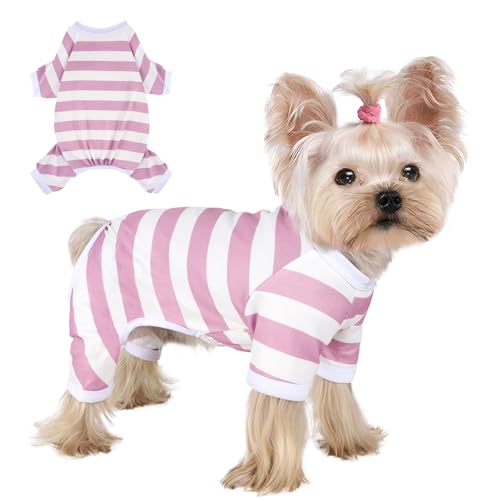 Dog Pajamas, Stretchy Puppy Jammies Onesie, Comfy Doggie Striped Pjs, Lightweight Soft Puppy Outfit, Dogs Clothes for Small Size Girl Boy(Light Pink,M) - color: Light Pink, size: Medium (Chest 16.9 in)
