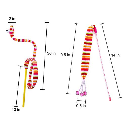 KABASI Cat Wand Rainbow Toy, 3 Styles Funny Interactive Cat Toys, Cuddly Stuffed Snake Toy on Stick with Bell, Colorful Sounding Toys, Rainbow Ribbon Wand for Kittens Training