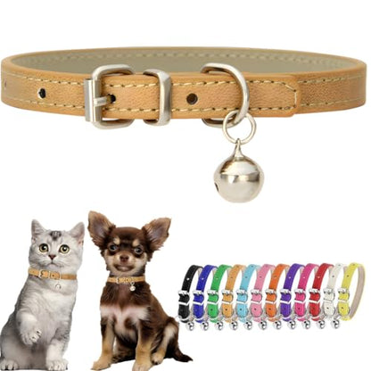 Khaki XS Dog Collar with Bell Leather Puppy Collar with Bell Adjustable Buckle Kitten Cat Collars for XXSmall XSmall Tiny Little Extra Small Breed Pets Boys Girls Like Chihuahua, X-Small - color: Khaki, size: X-Small (8-10.5 inches)