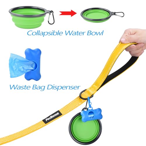 Double Dog Leash, No Tangle Dual Leash, Reflective Walking Training Lead, 4 Comfortable Padded Handles for 2 Dogs with Collapsible Bowl and Waste Bags (Yellow, Large) - color: Yellow