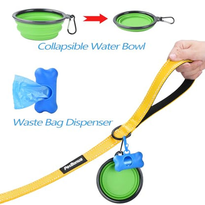 Double Dog Leash, No Tangle Dual Leash, Reflective Walking Training Lead, 4 Comfortable Padded Handles for 2 Dogs with Collapsible Bowl and Waste Bags (Yellow, Large) - color: Yellow