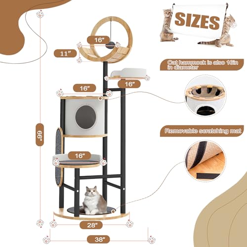 Cat Tree, 66In Cat Tower with Scratching Post, Tall Multi-Level Cat Houses for Indoor Cats Large Adult, Cute Cat Post Cat Condos with Dangling Ball,Plush Platform, Hammock, Big Cats Climbing Tower - color: C