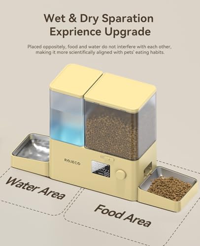 Rojeco 36Cups/8.5L Pet Automatic Cat Feeder and Gravity Water Dispenser,Stainless Steel Bowls 2-in-1 Set Large Capacity 5L Food Feeder and 3.5L Water Fountain for Cats,Pets,Small Dogs,Yellow - color: Yellow, size: 8.5L-Standard